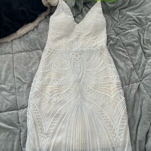 Off white beaded mini cocktail dress with stunning beaded back